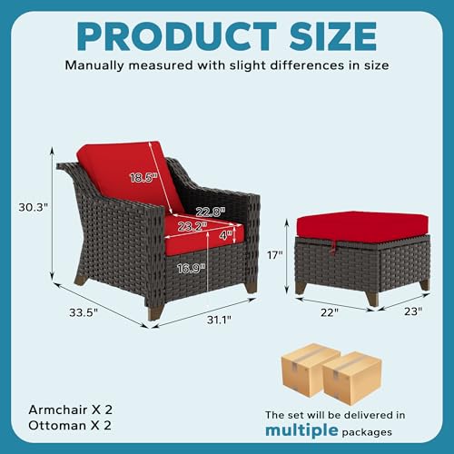 Image of 4 Pieces Patio Conversation Furniture Set - 2 Chairs with Ottomans Set of 2, Outdoor Wicker Armchairs with Water-Resistant and Washable Cushions for Porch, Balcony, Sunroom (Red) | Patio Chair Set with Olefin Removable Cushion, All-Weather Outdoor Couch with Deep Seat for Porch, Deck and Backyard, Red