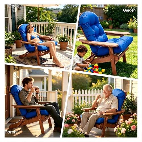 Image of QILLOWAY Outdoor High Back Chair Cushion for Adirondack, All Weather Rocking Chair Cushions Thick Padded Replacement for Patio Furniture Set of 2,Marine Blue