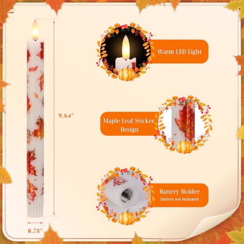 Image of JOIONE Maple Leaf Flameless Taper Candles with Remote, 3 Pack Fall Decor | Battery Operated LED, Maple Leaf Design, Real Wax, Remote Control, Warm Flickering Glow, Safe Fall Home & Party Decor