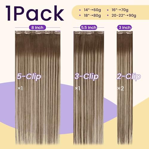 Image of LaaVoo Seamless Clip in Hair Extensions Balayage Seamless Hair Extensions Clip in Light Brown Balayage Golden Brown Invisible Clip on Hair Extension Straight 22 Inch 4pcs 80g