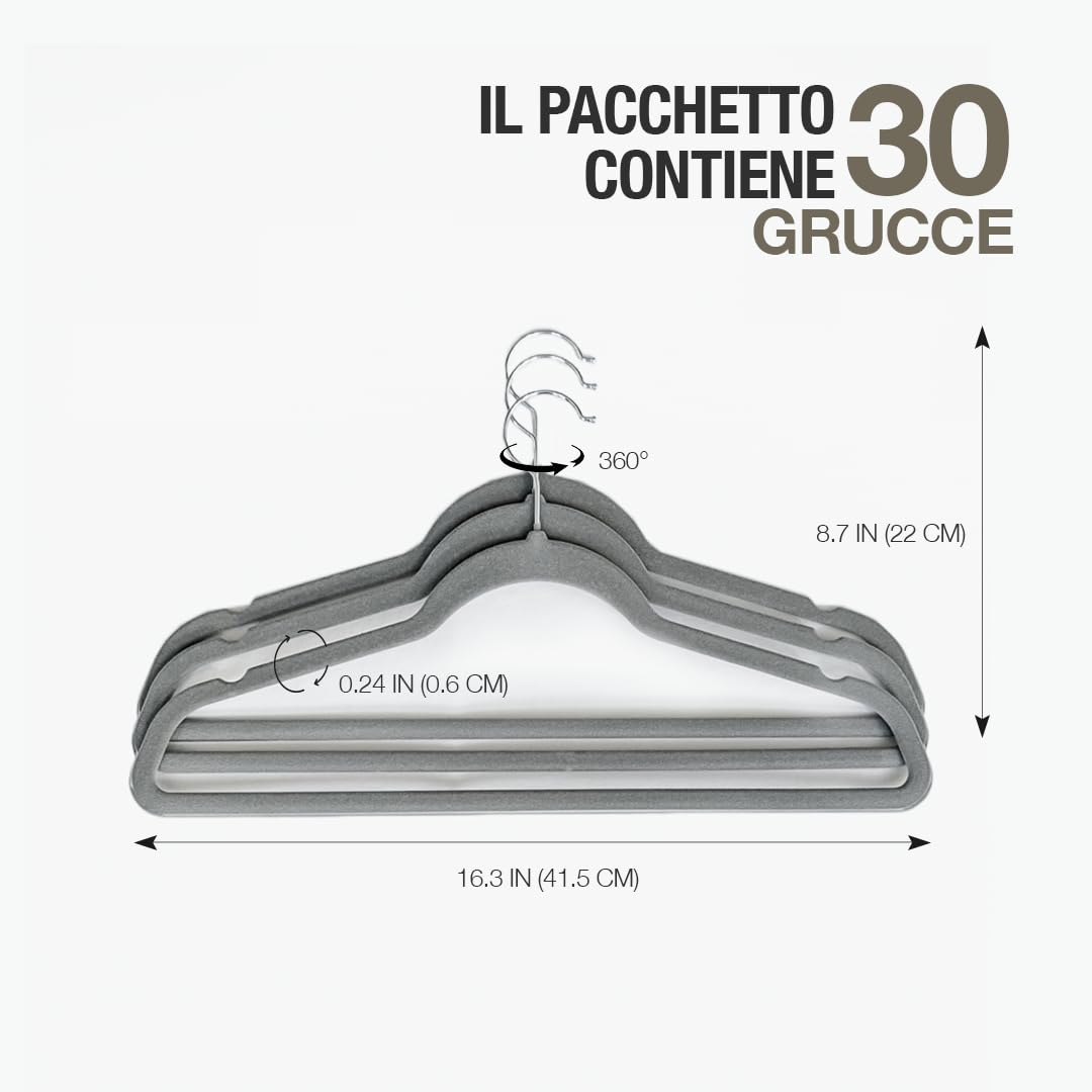 + 30Club Grucce Appendiabiti in Velluto - Appendiabiti Antiscivolo - grucce appendiabiti salvaspazio - Rotazione Argento Gancio Girevole a 360º - Grucce Salvaspazio armadio (30 pezzi - Grigio)