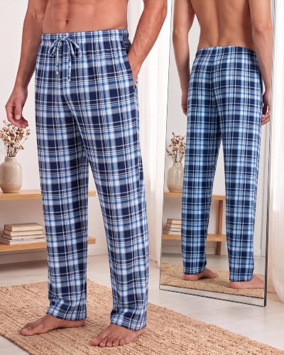Image of 3 Pack Mens Cotton Pajamas Pants Lounge Pjs Bottoms Sleepwear Bottoms Soft Pants with Pockets Drawstring