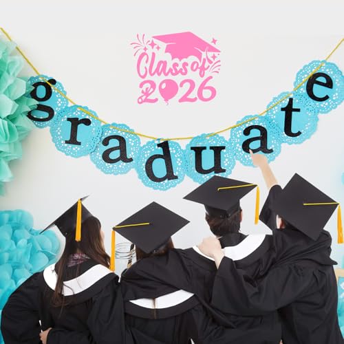 Image of 2PCS Class of 2026 Car Sticker & Graduation Hat Stickers Removable Graduate Decal Car Sticker 8 inchx 7.1 inch Waterproof Vinyl Decals Arts & Crafts for Graduation Party Decorations (Light Pink)