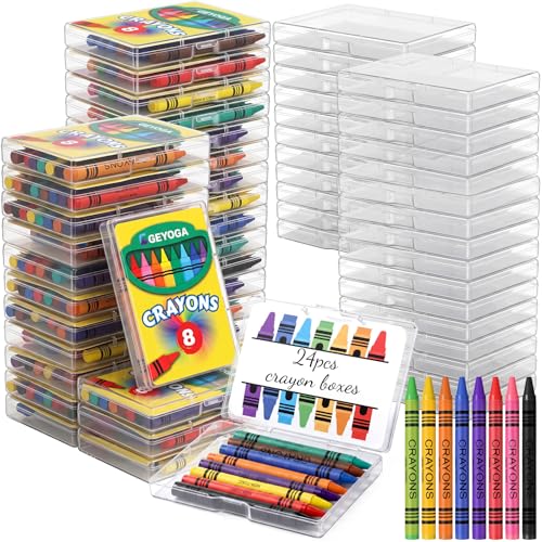 Image of Geyoga 24 Set /192 Pcs 8 Color Plastic Crayon Boxes with Crayon Bulk | 4.2 x 2.9 x 0.7 Inches Crayon Organizer Case, Stackable Crayon Storage with Name Tags, Back to School Essentials Party Favors