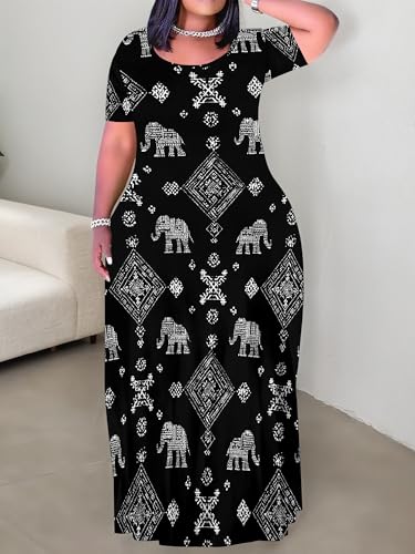 Image of PinkPatty Plus Size Maxi Dress for Curvy Women Crew Neck Long Sleeves Casual Dress Vacation Sundresses with Pockets