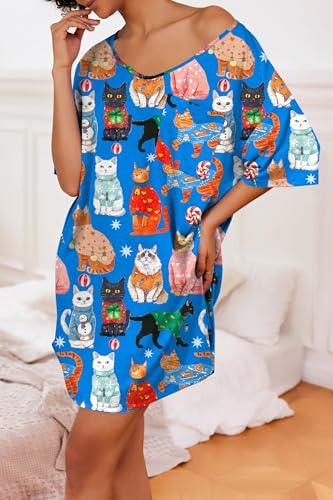 Image of Ekouaer Womens Tshirt Nightgown Cotton V Neck Sleepshirts Comfy Casual Nightshirt for Women, Cat Blue, Medium