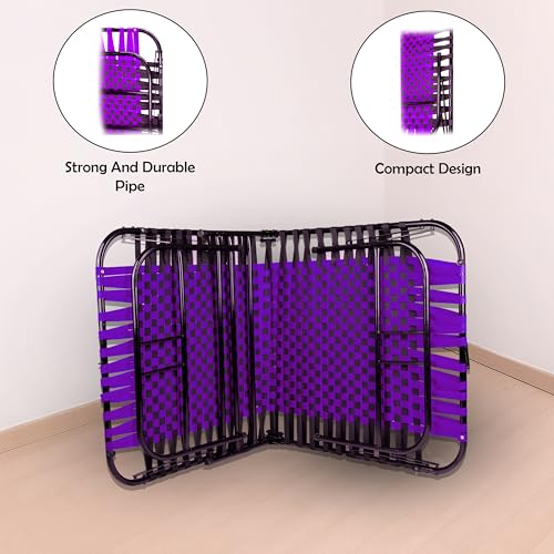 Image of Casa Copenhagen, Portable Single Folding Bed Heavy Duty Metal Cot Khat for Sleeping Bed Space Saving Design Sturdy Synthetic Niwar feet - Purple & Black