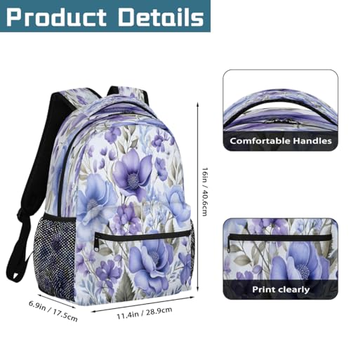Watercolor Purple Floral Kids Backpack, Lightweight School Bookbag Large Capacity Laptop Backpack Water Resistant Daypack Shoulder Bag for Teenager Boys Girls2