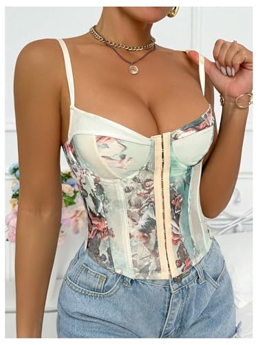 OYOANGLE Women's Graphic Print Boned Lace Up Bustiers Spaghetti Strap Renaissance Vintage Corset3