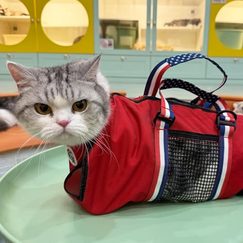 Image of Cinf Cat Nail Clipping Cleaning Grooming Restraint Bag (Free Muzzle) No Scratching Biting for Bathing Nail Trimming Injecting Examining((Red USA Flag,M)