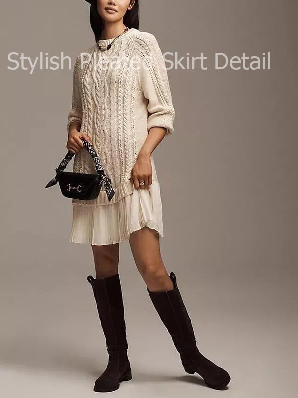 Women Crewneck Cable Knit Sweater Mini Dress, Fall Pleated Long Sleeve Cableknit Skirt Cableknit Sweater Dress3