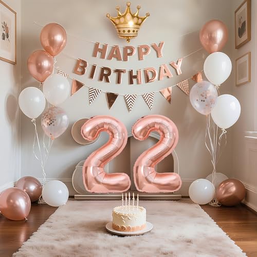 22歳 誕生日 飾り付け バルーンセット ハッピーバースデー happy birthday ガーランド & 大きな数字バルーン、紙吹雪風船、王冠付き ローズゴールドの豪華パーティー装飾 大人女子向け