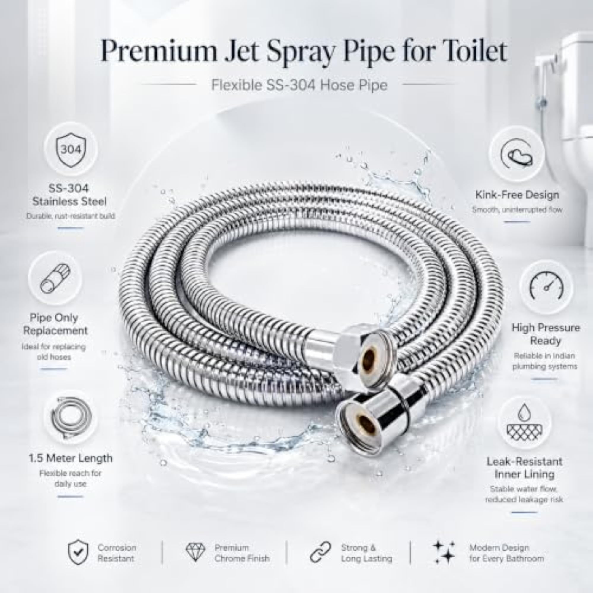 304 Stainless Steel Shower Hose, 1.5 Meter, Leak-Proof