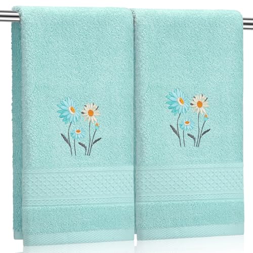 SmoothNovelty 2 Pcs Daisy Hand Towels Teal Flower Bathroom Decor 14x29 Inch Embroidered 100% Cotton Soft Absorbent Spring Summer Decorative Daisy Hand Towels for Bathroom Kitchen