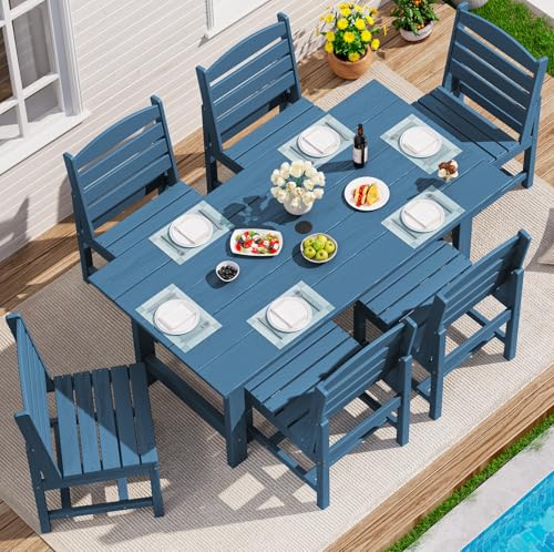 Image of SERWALL 7-Pc HDPE Patio Dining Set, 1 Table & 6 Armless Chairs, Blue | HDPE Outdoor Dining Set with Rectangular Table & 6 Armless Chairs, All-Weather Resistant SERWALL Dining Set for 6