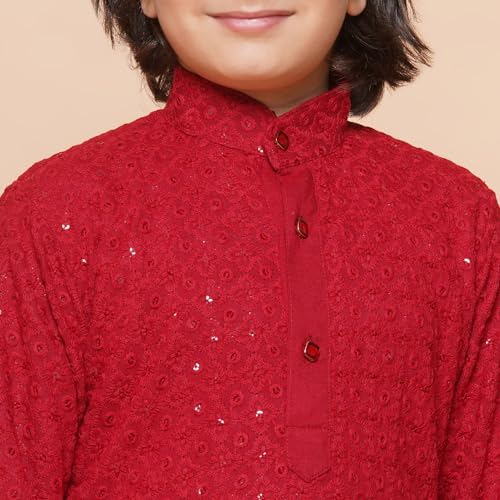 Image of AJ DEZINES Kids Cotton Full Sleeve Sequined Chikankari Red Kurta Pajama Set for Boys - Ethnic wear | Special Occasion & Party Outfit | Mandarin Collar Kurta for boys - Regular Fit