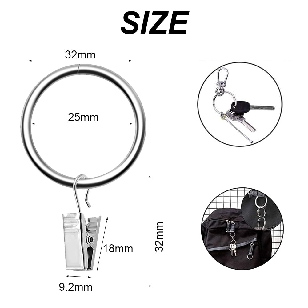 42 Anelli Con Clip Per Tende - Ganci In Metallo Per Bastoni Da Doccia E Finestre - Argento 32mm - Foto 8