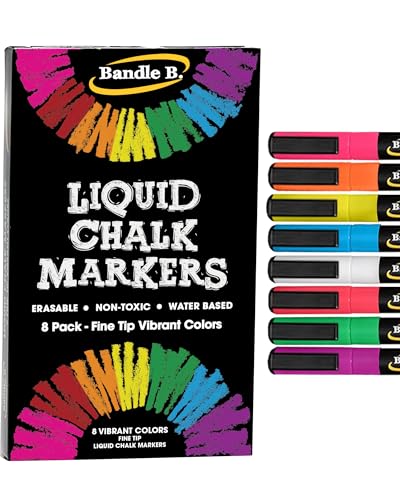 Image of Bandle B. Chalk Markers - 8 Vibrant Extra Fine Tip, Erasable, Non-Toxic, Water-Based, for Glass or Chalkboard Markers for Businesses, Restaurants - Liquid Drawing Chalk