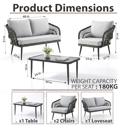 Image of Amazon Brand - Solimo Solix Outdoor Rope Sofa Set | Balcony Sofa | Patio Conversation Sets | Braided Rope Garden Sofa Set and Center Table (4 Seater-Grey)