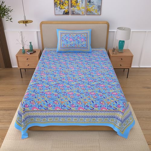 Image of 100% Cotton Single Bedsheet with 1 Pillow Cover | 240 TC Pure Cotton Flat Bed Sheet | Traditional Jaipuri Printed Bedding Set | Soft & Breathable | 60 x 90 Inch (Rangmahal Single 07)