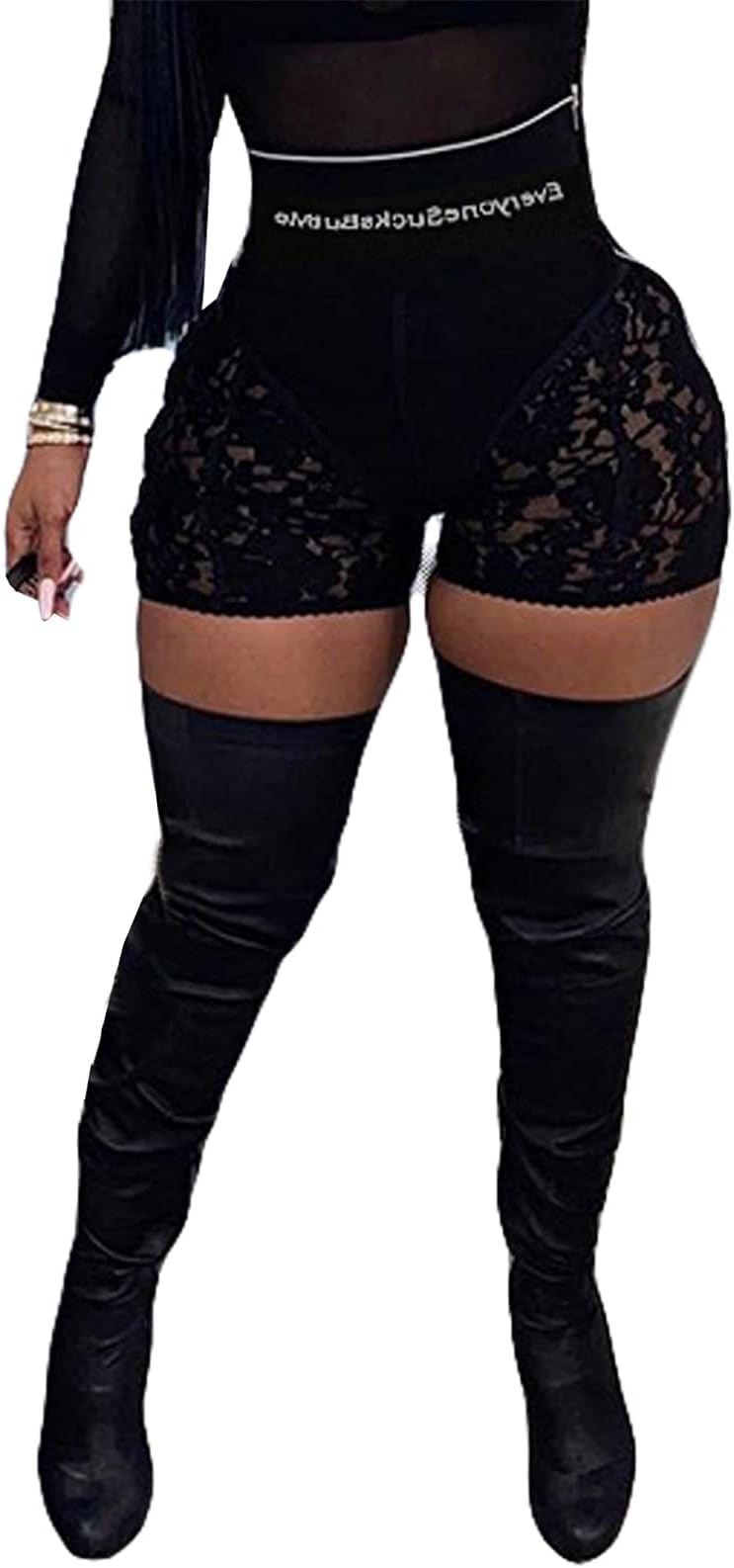 MylleureWomen Sexy Lace Bodycon Boned Slim Leggings Zip Up High Waist Letter Print Floral Sheer Mesh Pants Clubwear Tracksuit