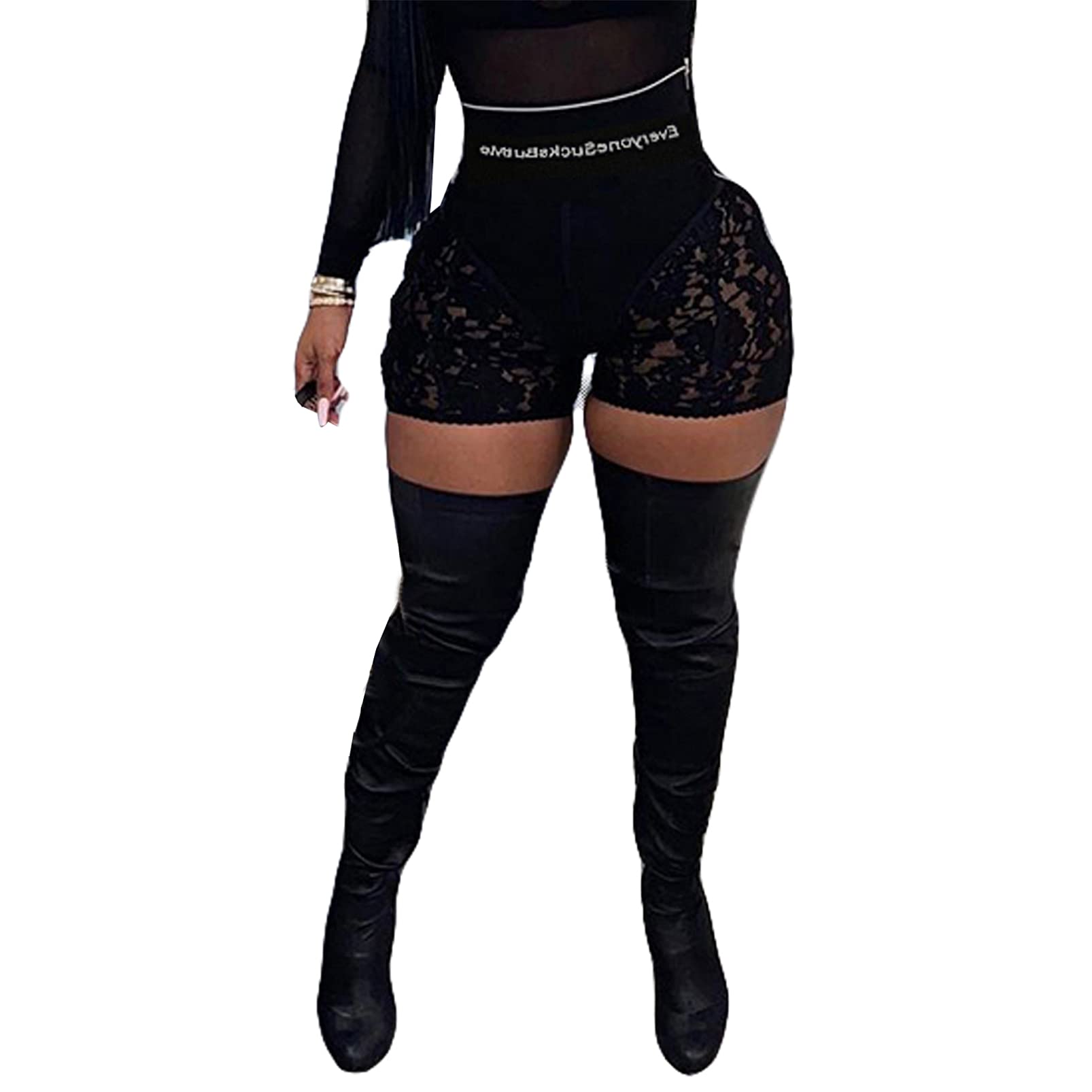 MylleureWomen Sexy Lace Bodycon Boned Slim Leggings Zip Up High Waist Letter Print Floral Sheer Mesh Pants Clubwear Tracksuit