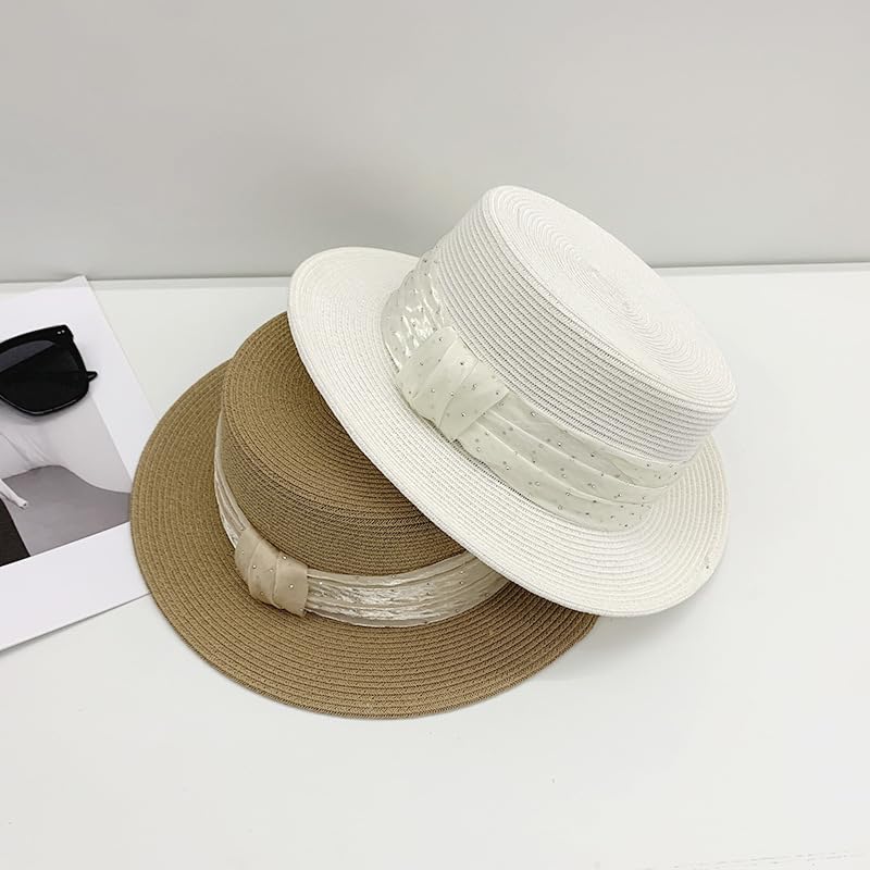 Sombrero de Paja de ala Ancha y Plana para Mujer,Sombrero de Playa con Tul y Diamantes de Imitación,Suave,Ligero y Transpirable