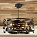 5 Light Chandelier 18.9''Drum Farmhouse Chandeliers for Dining Room Light Fixture Black Rustic Lighting Fixtures Over Table Modern Industrial Hanging Chandelier for Entryway Living Room Foyer,E12
