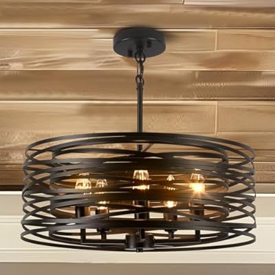 5 Light Chandelier 18.9''Drum Farmhouse Chandeliers for Dining Room Light Fixture Black Rustic Lighting Fixtures Over Table Modern Industrial Hanging Chandelier for Entryway Living Room Foyer,E12