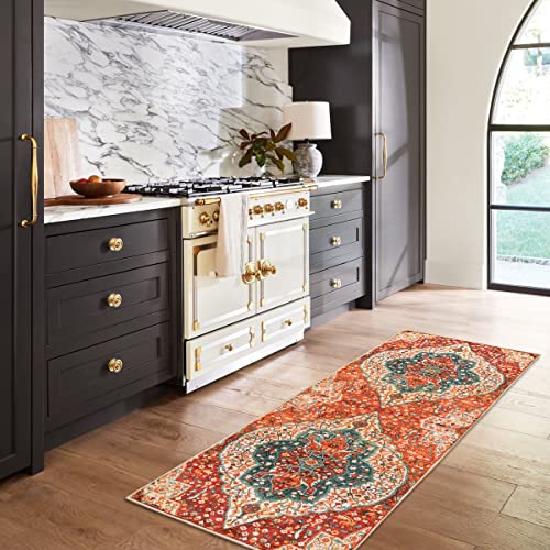 Chaelilife Boho Floral Area Rug, 2X6 Persian Hallway Runner Rug Oriental Distressed Non-Slip Washable Medallion Kitchen Mat Velvet Low-Pile Throw Floor Carpet For Living Room Bathroom Laundry Room #TOP6