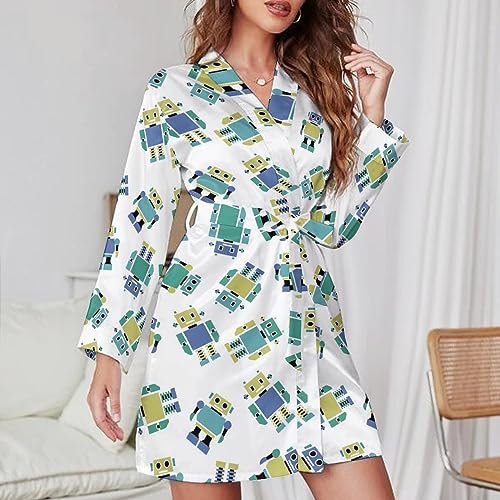 Robots Bathrobe for Women Soft Lightweight Knee Length Loungewear Spa Bathrobe Long Sleeved Nightgown S - Image 5