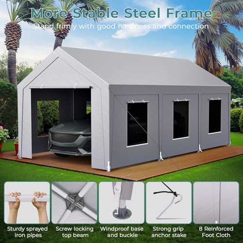 Heavy Duty 10x20 ft Carport with Reinforced Steel & 6 Roll-up Windows, Grey