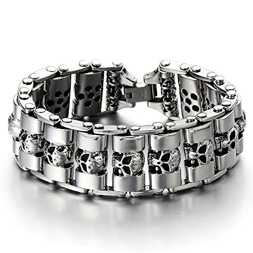 COOLSTEELANDBEYOND Heavy and Study Mens Stainless Steel Biker Skull Bracelet Silver Black Two-Tone Polished2