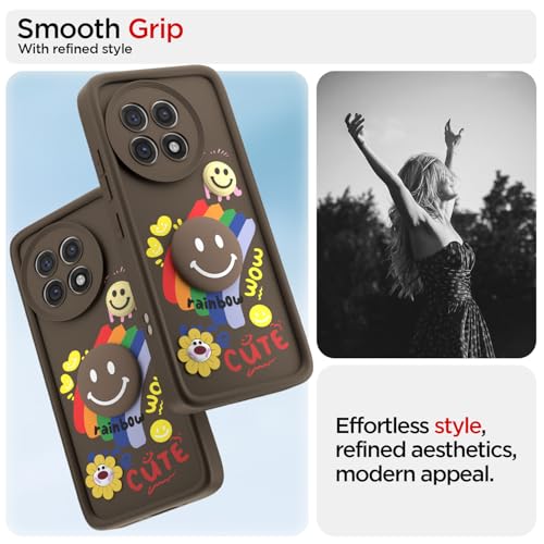 Image of Pikkme Back Cover for OnePlus 13R 5G | Soft Silicone| Cute Rainbow Smile & 3D Cartoon Flower Design | Shockproof Raised Camera Protection Bumper Case (Brown)