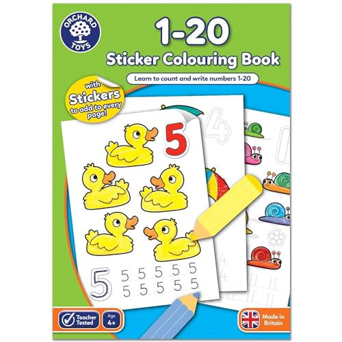 Orchard Toys 1-20 Sticker Colouring Sticker Book, Educational Colouring Book, Trace and Write Numbers 1-20, For Kids Age 4 Years +