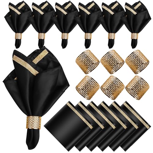VIJIV 12 Pack Cloth Napkins and Gold Napkin Rings Set of 6, 17x17 Bling Trim Satin Cocktail Napkins Cloth Washable Personalized Dinner Napkins for Wedding Party Holiday Decorative