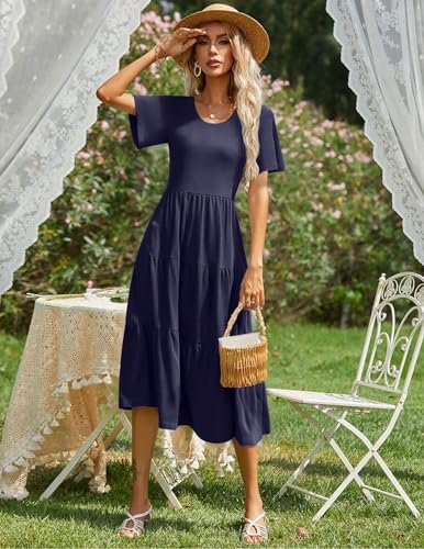 Image of Zeagoo Women's Summer Flowy Midi Dress Casual Flutter Sleeve O Neck Tiered Beach Sundress Short Sleeve Dress Navy Blue