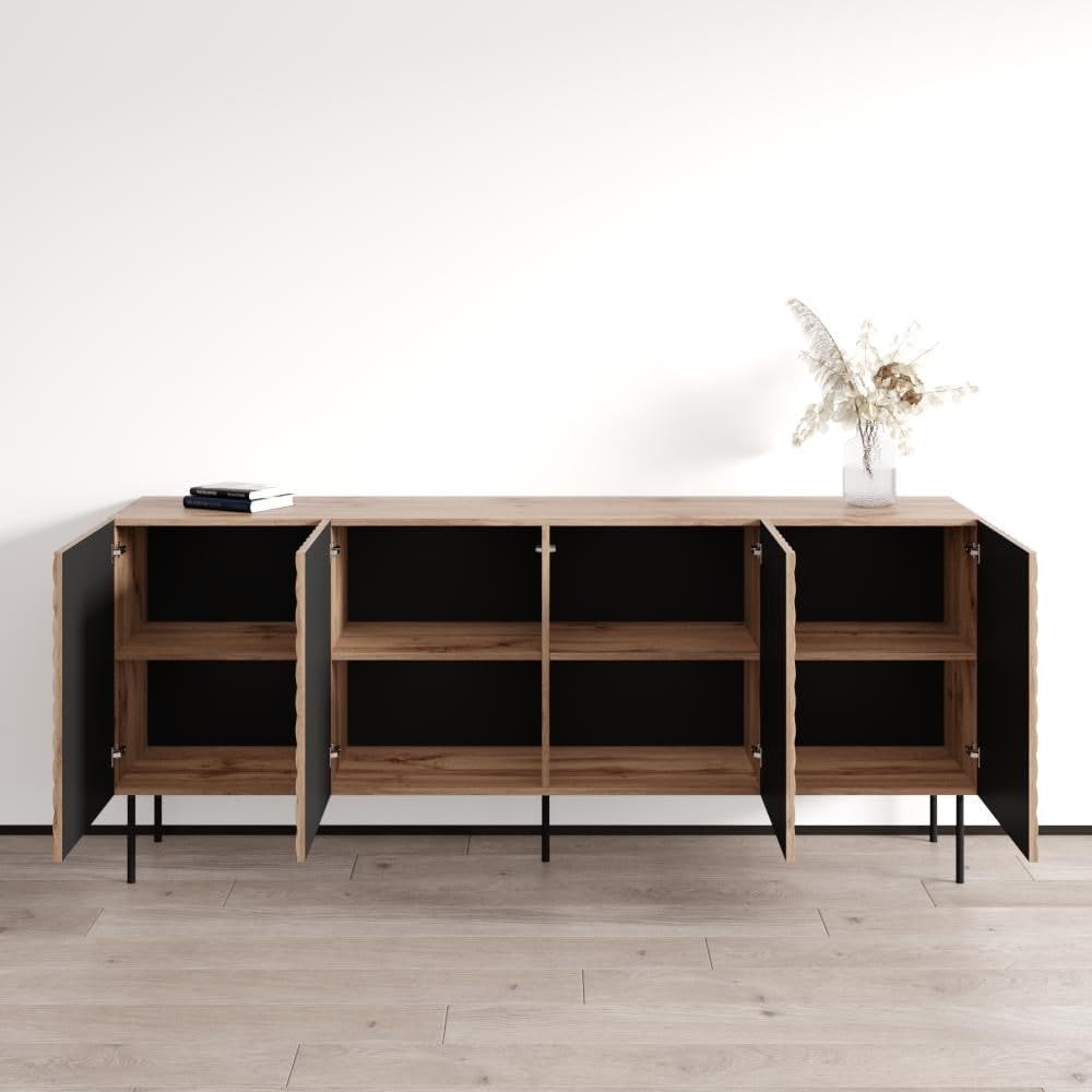 Meble Furniture Onda Modern Floor Mount Sideboard — Four Doors with Spacious Storage — Engineered Wood, 74.8" W x 15.7" D x 31.5" H — Oak