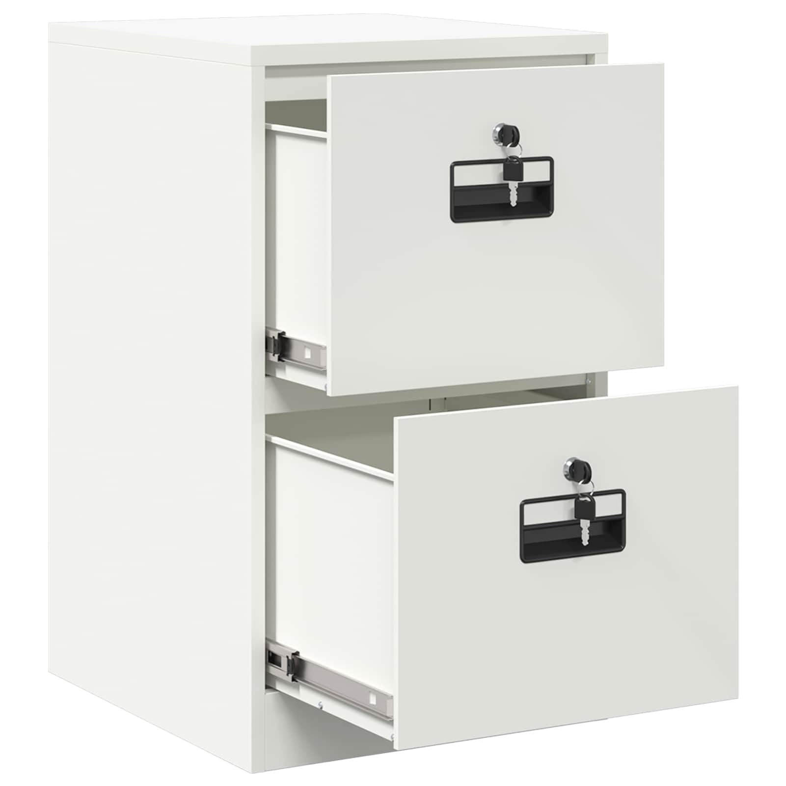 Aktenschrank Weiß aus robustem kaltgewalztem Stahl 44 x 50 x 74,5 cm mit 2 ausziehbaren Regalen und Nockenschlössern für Büroorganisation