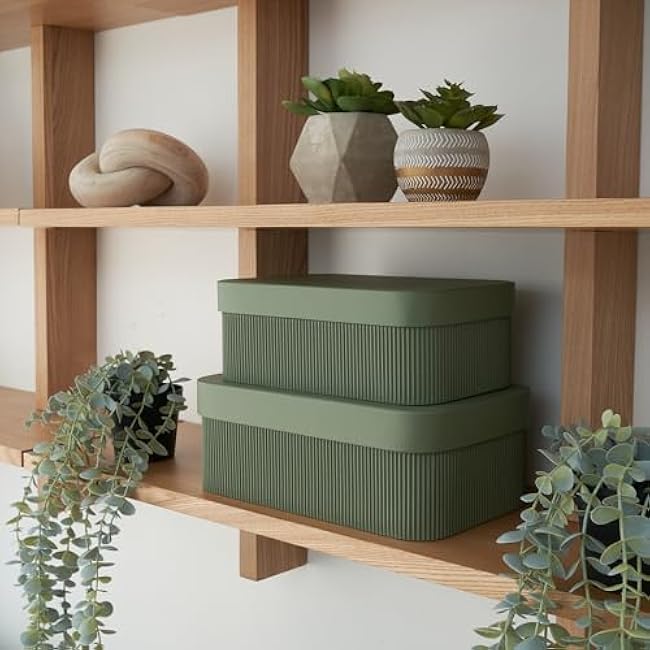 Decorative Storage Boxes with Lids ¨C Set of 2 Beautiful Fluted Cardboard Organizer Bins for Your Home Bookshelf Decor to Safely Store Your Documents, Memory Box Items and Other Keepsakes in Style