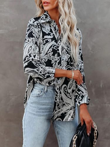 Blouses for Women Aesthetic Button Down Shirts Long Sleeve Dressy Casual Floral Tops Fall Outfits for Women 2025 Trendy - Black White Floral L3