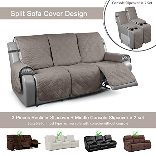 Image of TAOCOCO Waterproof Recliner Sofa Cover with Center Console, 3 Seater | Non Slip & Washable Reclining Couch Cover for Dogs & Pets, Split Reclining Chair Covers with Straps & Pockets, Light Brown