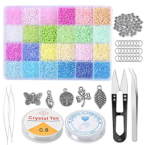 12000 Pcs Perles de Rocaille en Verre, 3mm Petites Perles de Baril avec Accessoires Indispensables, 24 Couleurs Bricolage Perles Set pour Bracelet Colliers Bijoux Fabrication Artisanat DIY Décoration Cover