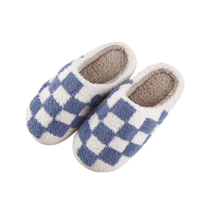 Generic Checkered Slippers for Women Men House Slippers Funny Fluffy Slippers Winter Shoes Outdoor Indoor Warm Plush Bedroom Slippers Blue 37-38