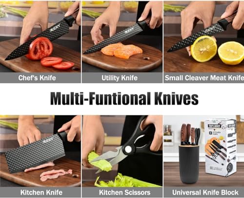 Image of Knife Set, 6-Piece Khaki Kitchen Knife Set for Home, Anti-Rust Non-Stick Stainless Steel Sharp Chef Knife Sets with Universal Knife Block for Kitchen, Ergonomical Design (Black)