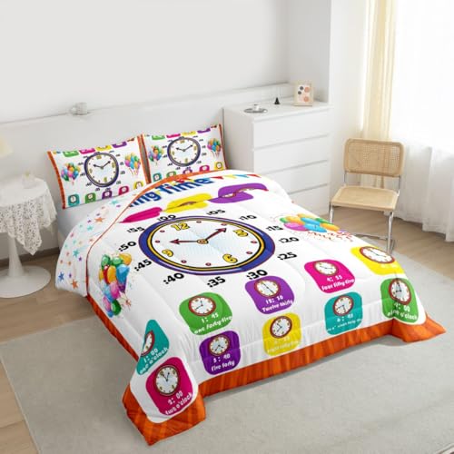 Image of Feelyou Educational Bedding Set King, Time Learning Comforter for Kids Boys Girls Time Colock Comforter Set Educational Duvet Set 3Pcs