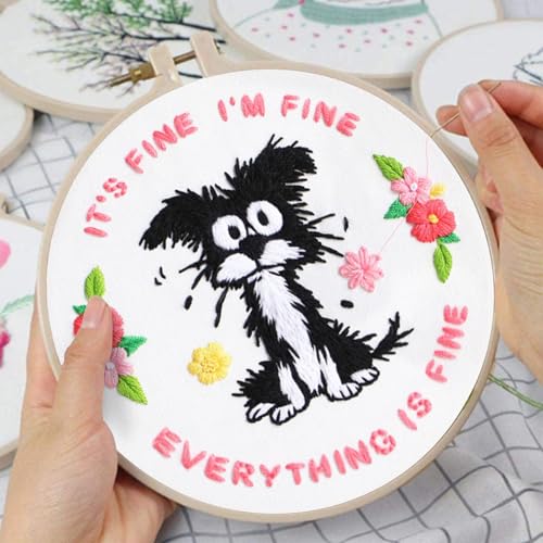 Image of Louise Maelys Funny Dog Embroidery Kit for Beginners Floral Craft | Cross Stitch Kits with Pre-Printed Fabric, Embroidery Hoop, Threads, Needles and Guide. Needlepoint Kit for Beginners