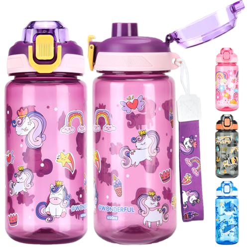 SUPPRUI Trinkflasche Kinder, 600ml Kindertrinkflasche, BPA-freie Sportwasserflasche mit Auslaufsicherem Flip-Top-Deckel für Mädchen und Junge (Lila - Unicorn)