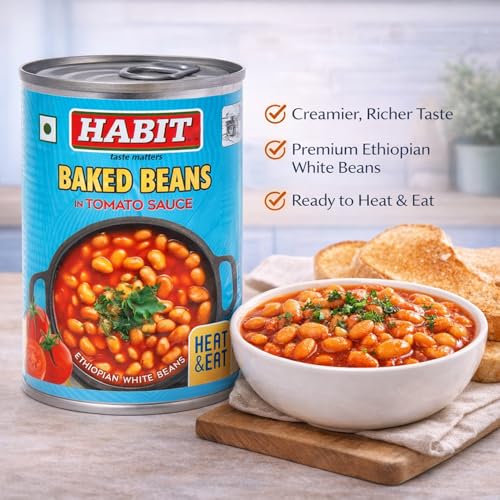 Image of HABIT Baked Beans in Tomato Sauce - 400g x Pack of 1 | Made with Haricot (Navy) Beans Ethiopian beans | Ready-to-Eat | Perfect for Toasties, Curries, Pies & Burgers | Canned Baked beans in tomato sauce