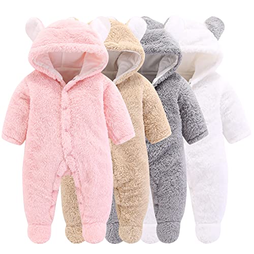 Newborn Baby Cartoon Bear Snowsuit Winter Coat Fleece Hooded Romper Jumpsuit (9-12Month, Pink)